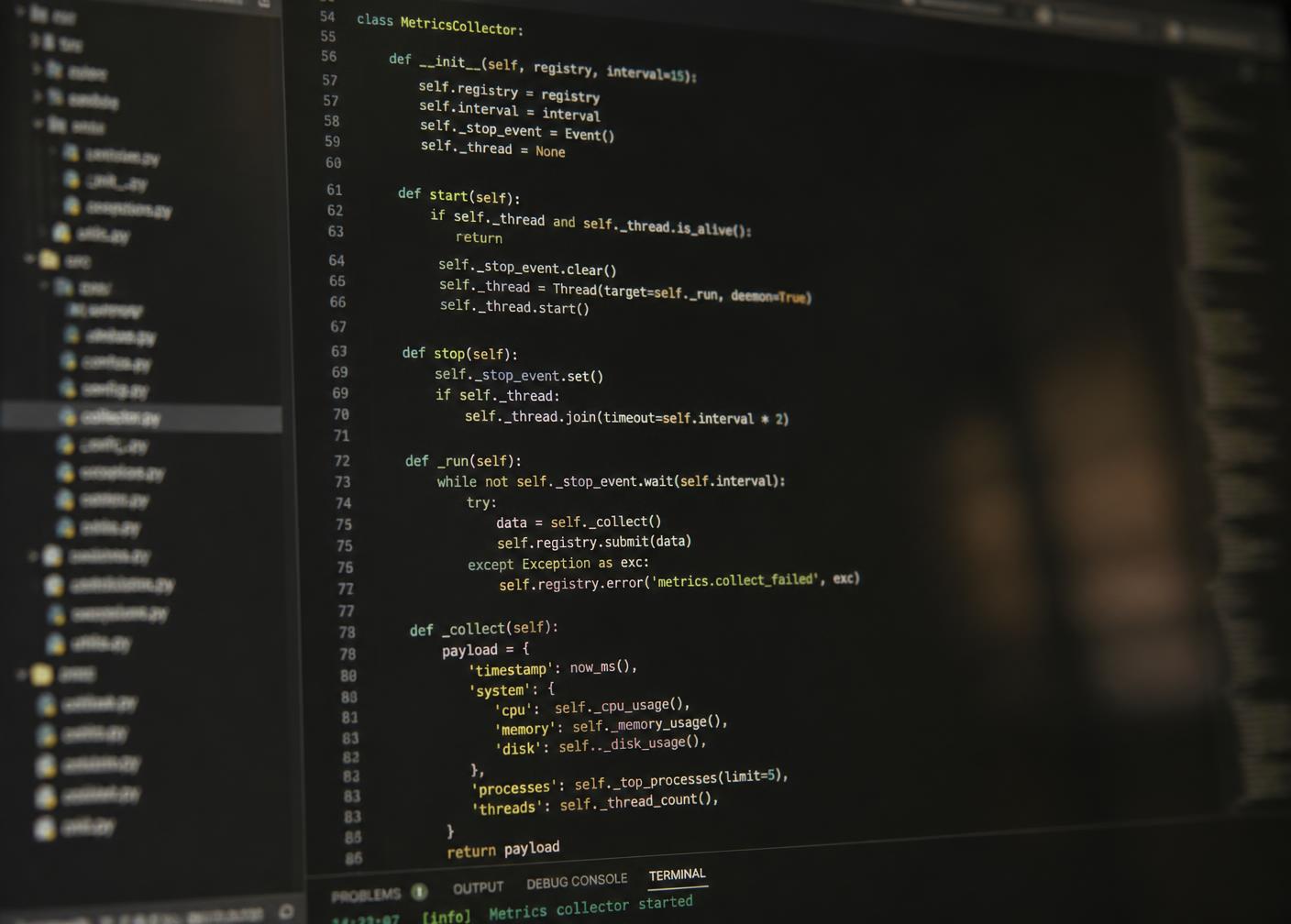 A software development environment showing structured source code on a dark editor theme