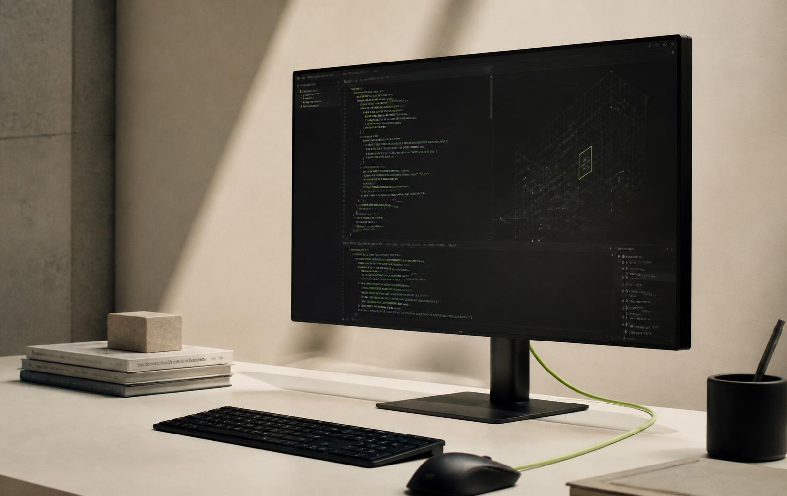 A minimal engineering workspace with a dark monitor showing code beside a structural model