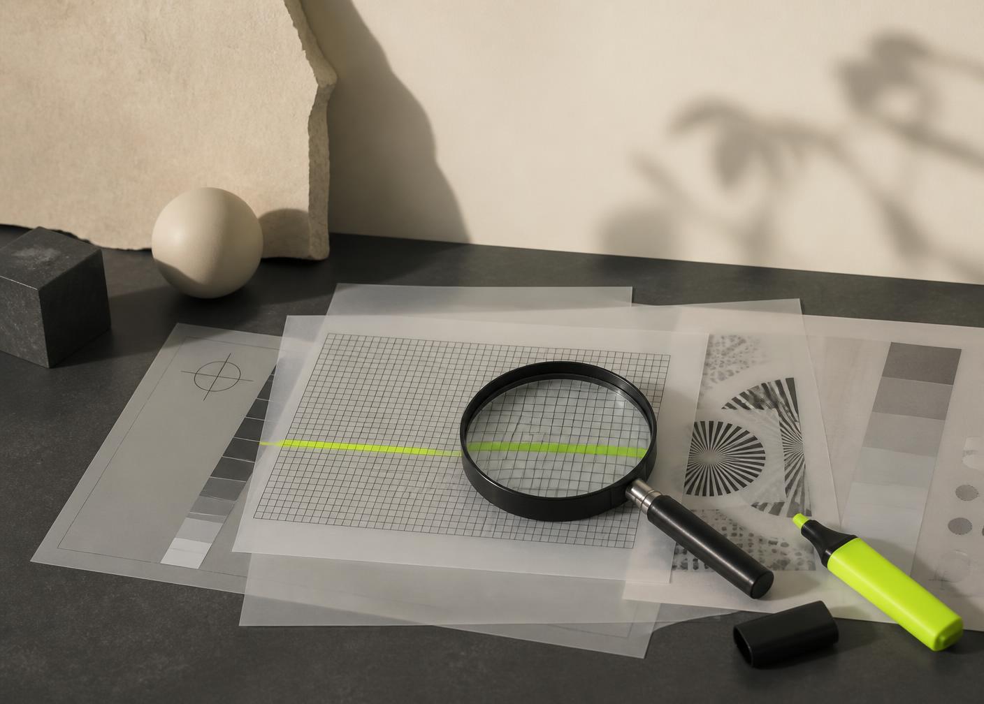 Test charts and a magnifying glass arranged on a dark desk surface